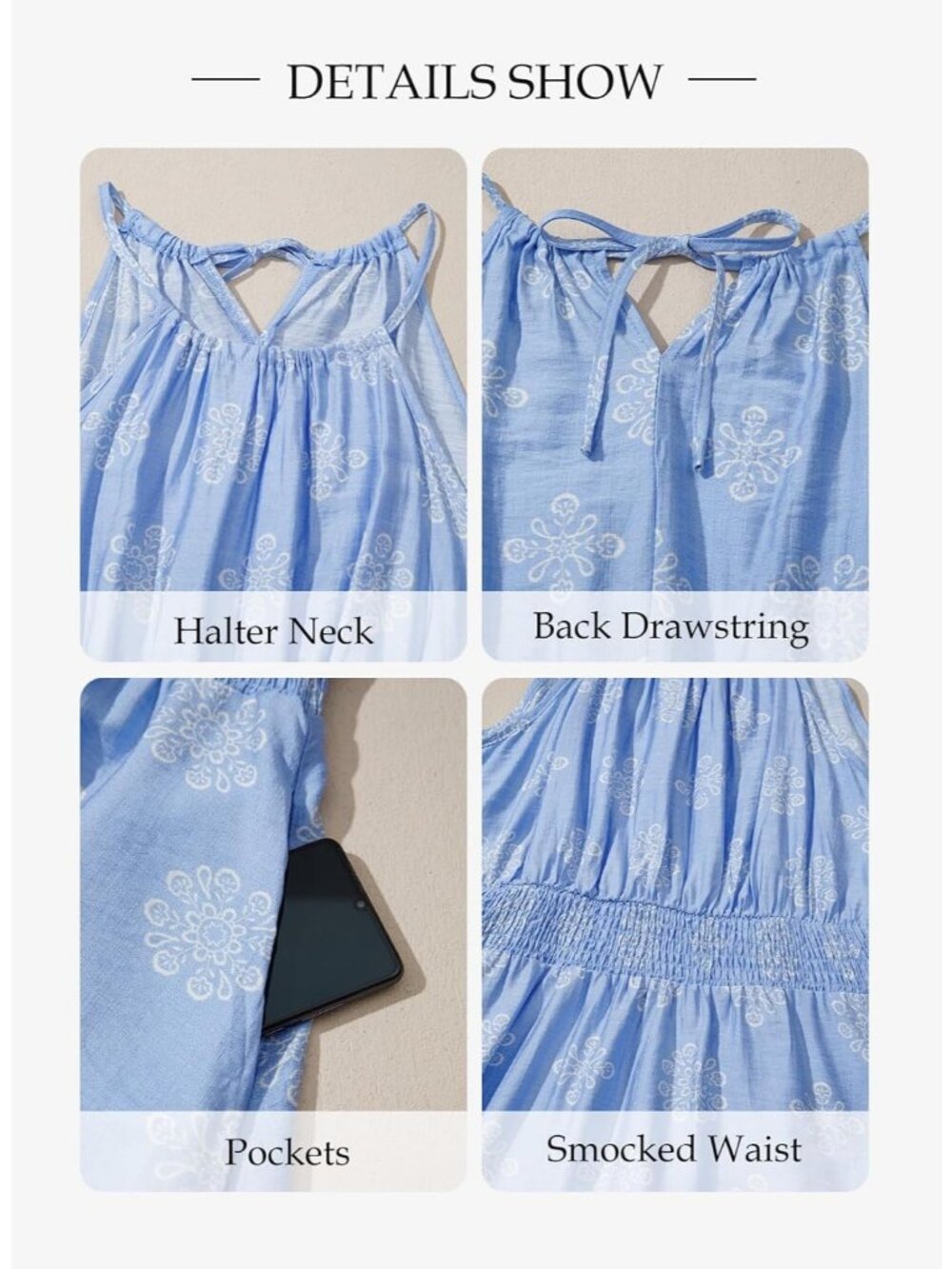 Women's Summer Beach Halter Neck Dresses Sky Blue A Line Mini Dress with Pockets - Picture 6 of 6